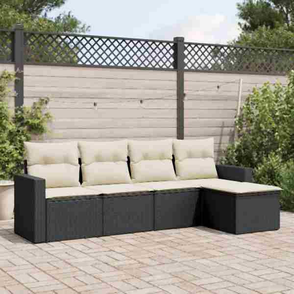 vidaXL 5-tlg. Garten-Sofagarnitur mit Kissen Schwarz Poly Rattan, UV-beständig, 3251223