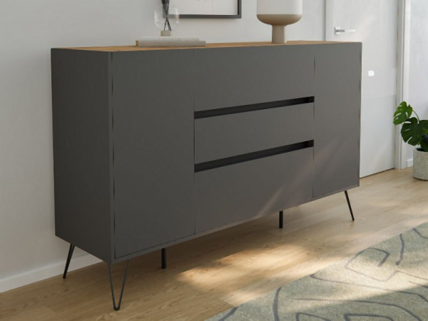 Posseik Sideboard Industrial O 155cm 3 Schubladen 2 Türen Grafit/Eiche Top, PN2092X0000058DE