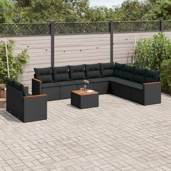 vidaXL 11-teilig Garten-Sofagarnitur mit Kissen Schwarz Poly Rattan, 3226118