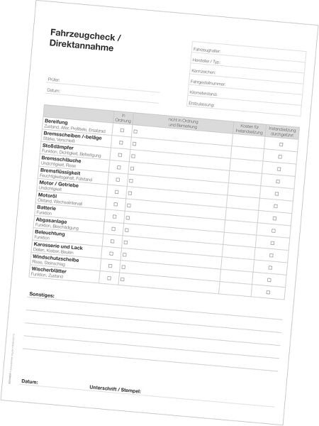 Eichner Werkstatt-Formulare "Checklisten", Bedruckung: Fahrzeugschein / Direktannahme, VE: 50 Stück, 9036-00174