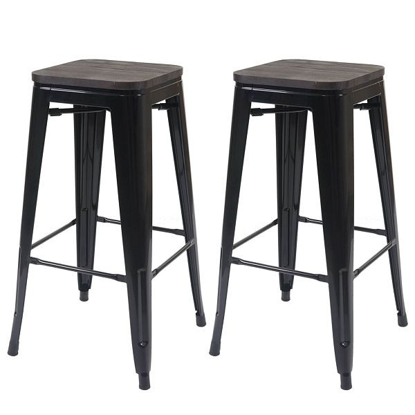 Mendler 2er-Set Barhocker HWC-A73 inkl. Holz-Sitzfläche, Barstuhl Tresenhocker, Metall Industriedesign stapelbar, schwarz, 70392