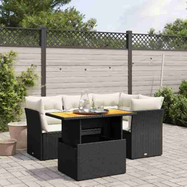 vidaXL 5-tlg. Garten-Sofagarnitur mit Kissen Schwarz Poly Rattan, UV-beständig, 3270811