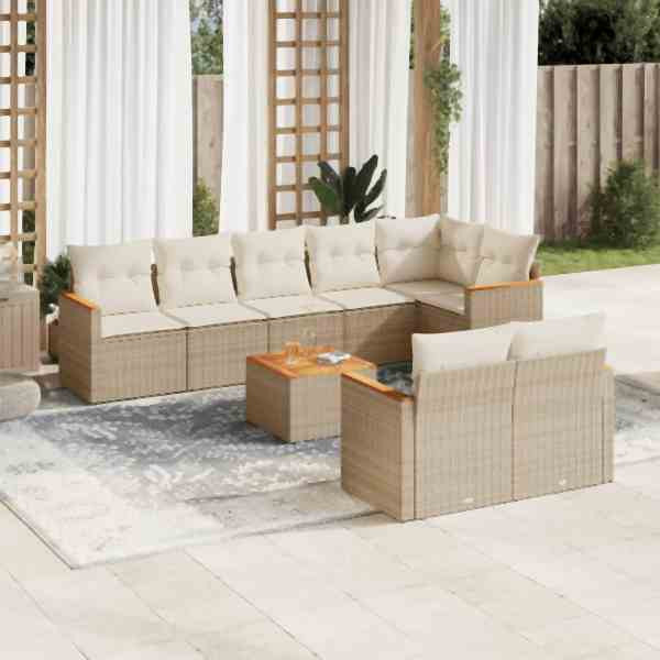 vidaXL 9-tlg. Garten-Sofagarnitur mit Kissen Beige Poly Rattan, UV-beständig, 3258558