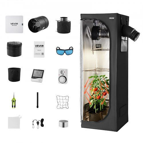VEVOR Growzelt 60x60x180 cm mit LED-Zuchtlicht & Belüftung, Growbox 600D Mylar für Blumen & Gemüse, ZPTZTZZP6060M1L1H001V2