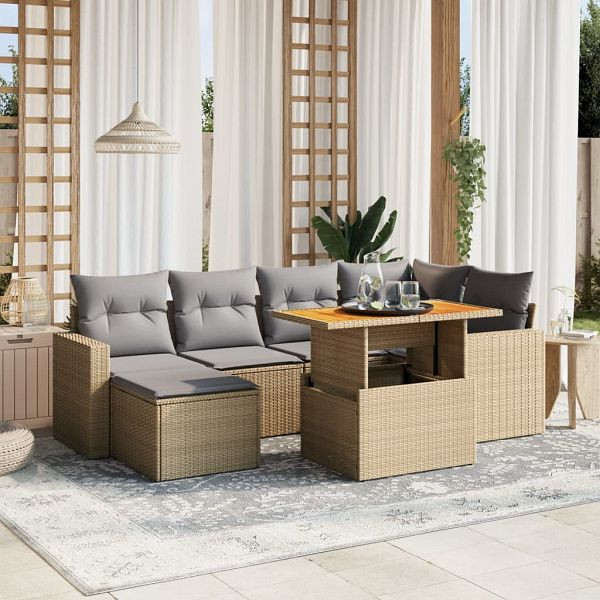 vidaXL 7-tlg. Garten-Sofagarnitur mit Kissen Beige Poly Rattan, 3275593