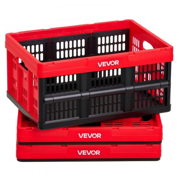 VEVOR Klappbox 32 L 3er-Pack, stapelbare Faltboxen mit Griffen, 12 kg Tragkraft, Rot & Schwarz, KZDSLCWKHHS3SN2K5001V0