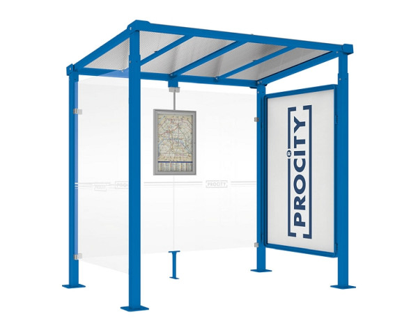 Procity Wartehalle Milano - 1 Schaukasten 2000 + 1 Seitenverkleidung, Farbe RAL 5010, Maße: Breite 2500 x Höhe 2545 x Tiefe 1824 mm, 529246.5010