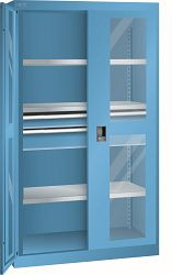 LISTA Schwerlastschrank 54x27E (BxTxH) 1100x641x1950mm CODE Lock, Lichtblau, 2 Schubladen, 3 Verstellböden, Sichtfenstertür, 98.086.010.C