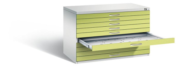 C+P Flachablageschrank Serie 7100_7200, H760xB1100xT765mm, Farbe: Lichtgrau / Viridingrün, Bügelgriff, 7101-000 S10359