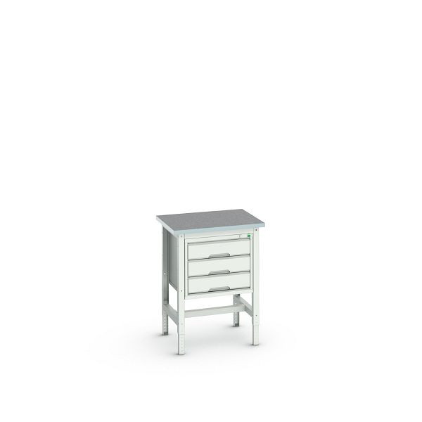 bott verso Werkbank (Linoleum-Platte) mit Querstrebenset und 3 Schubladen, BxTxH: 700 x 600 x 780 - 930 mm, Lichtgrau / Lichtgrau, 16921603.16