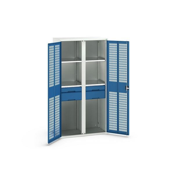 bott verso Garderobenschrank mit Belüftung, mit 4 Fachböden und 4 Schubladen, BxTxH: 1050 x550 x 2000 mm, Lichtgrau / Enzianblau, 16926777.11