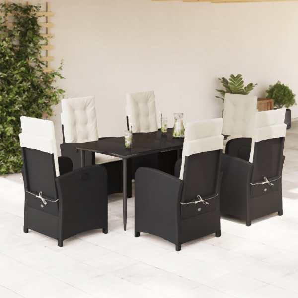 vidaXL 7-tlg. Garten-Essgruppe mit Kissen Schwarz Poly Rattan, UV-beständig, 3212295