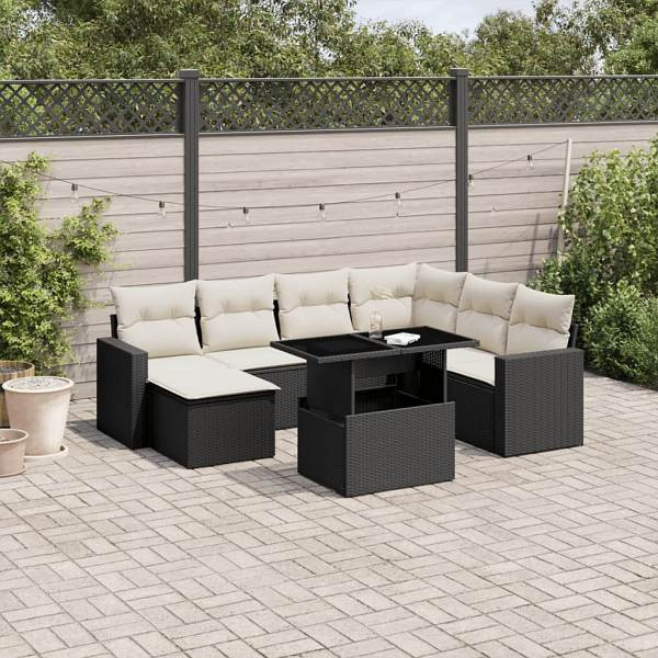 vidaXL 8-tlg. Garten-Sofagarnitur mit Kissen Schwarz Poly Rattan, UV-beständig, 3267436