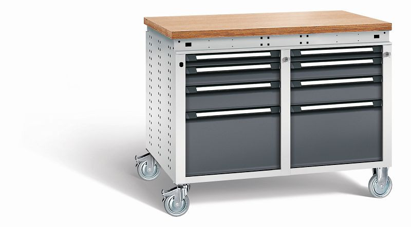 Otto Kind Werkbank Serie function Typ 254 fahrbar, Multiplexplatte 40 mm, bündig, 2x Unterbau, Gehäuse RAL 7035, Front RAL 7016, 072385149