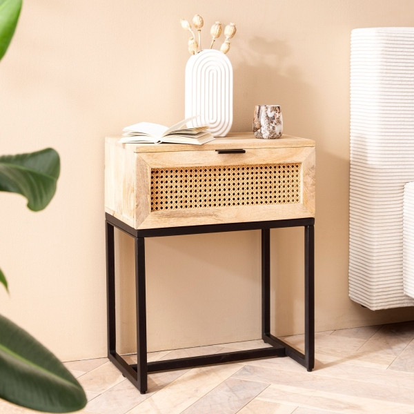 Wohnling Nachtkonsole Mango Massivholz/Rattan 50x60x30 cm Nachttisch Braun, Nachtkästchen mit Stauraum & Metallgestell, WL6.809