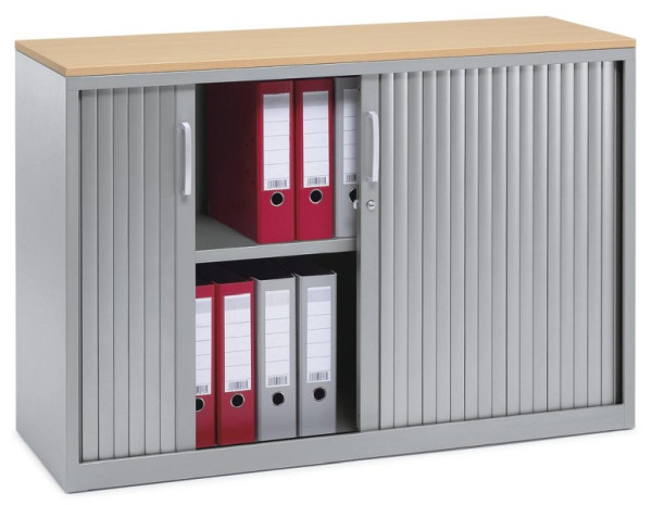 Deskin Rollladenschrank CONCEPT LINE, Alusilber, B 1200 x H 800 x T 420 mm, inkl. Topplatte in Buchedekor, 1 Fachboden, 2 Ordnerhöhen, 249315