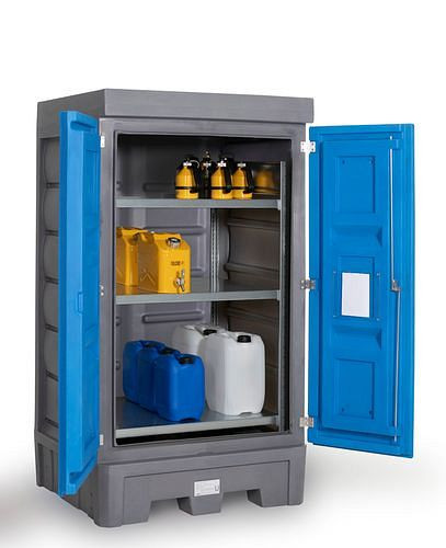 DENIOS PolySafe Gefahrstoffdepot D1, mit Türen und Stahlregal für Kleingebinde, 271830
