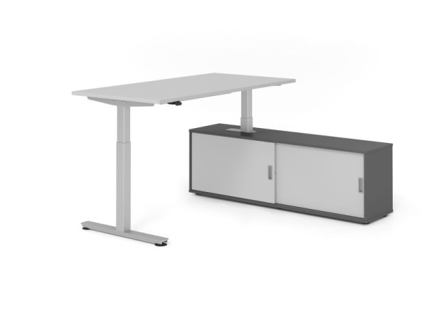 Hammerbacher Schreibtisch XMST16, 160x80cm, Platte: Grau, T-Fuß Gestell Silber, Höhe: 71 - 120 cm, Graphit / Grau, VXMST16SB/5/S/G/5