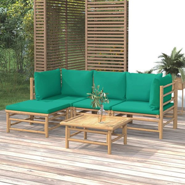 vidaXL 5-tlg. Garten-Lounge-Set mit Grünen Kissen Bambus, 3155146