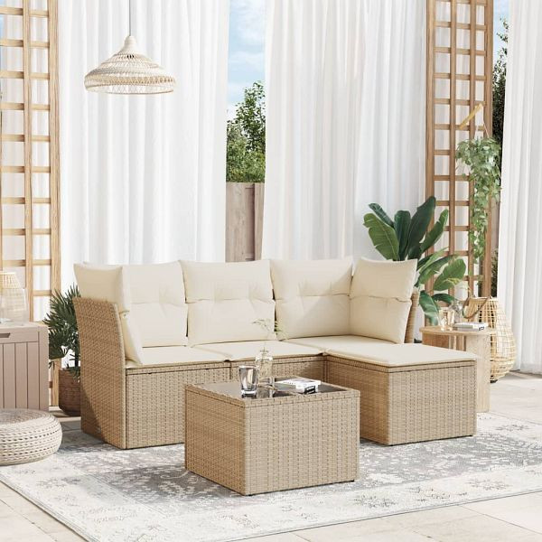 vidaXL 5-teilig Garten-Sofagarnitur mit Kissen Beige Poly Rattan, 3217548