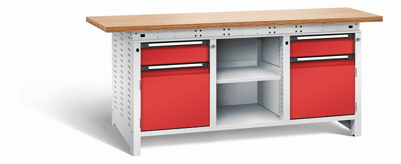 Otto Kind Werkbank Serie function Typ 308, Multiplexplatte 40 mm, überstehend, 2x Unterbau + mittleres Feld, Gehäuse RAL 7035, Front RAL 3000, 072363234