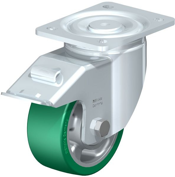Blickle LH-ALST 127K-FI Stahlblech-Lenkrolle, Schwerlast-Ausführung, mit Anschraubplatte & Feststeller, Blickle Softhane®, Grün, 742511
