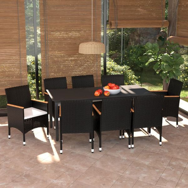 vidaXL 9-teilig Garten-Essgruppe mit Kissen Poly Rattan Schwarz, 3095002