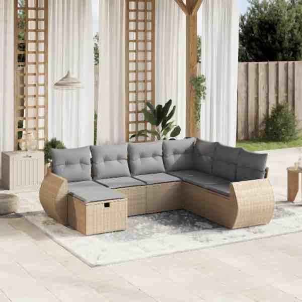 vidaXL 7-tlg. Garten-Sofagarnitur mit Kissen Beige Poly Rattan, UV-beständig, 3264145
