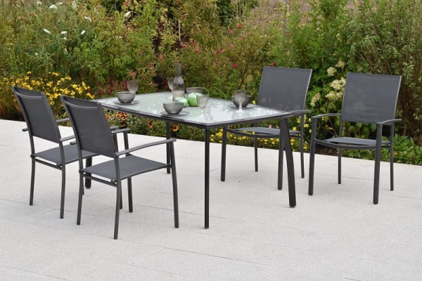 Merxx Milano Set 5-teilig, 4 Milano Stapelsessel, graphit/grau, 1 rechteckiger Tisch, 150 x 90 cm, matte Glasplatte, 51048-309