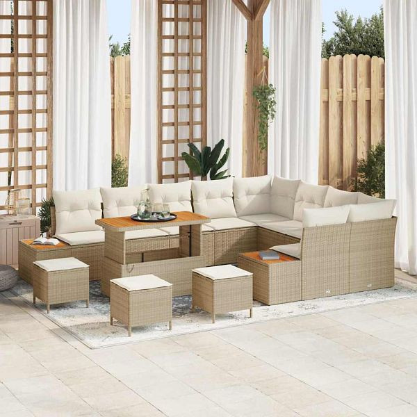 vidaXL Garten-Sofa-Set mit Kissen 13-teilig Beige Poly-Rattan, 3364911