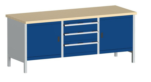 bott cubio Kastenwerkbank mit 3 Schubladen 2 Türen, 2 Ablagen, Multiplex-Arbeitsplatte BxTxH: 2000 x 750 x 840 mm, RAL 7035/5010, 41002055.11V