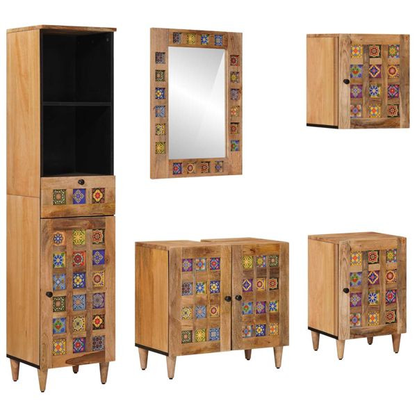 vidaXL Badezimmermöbel-Set mit Schubladen 5-teilig Natur Massivholz Mango, 3310099