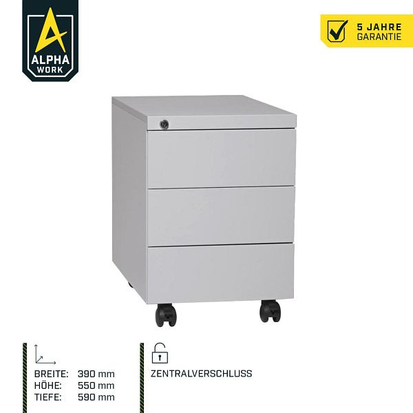 Alpha Work Rollcontainer, 390 x 550 x 590 mm, Stahl, Lichtgrau, 3 Schubladen, 11541