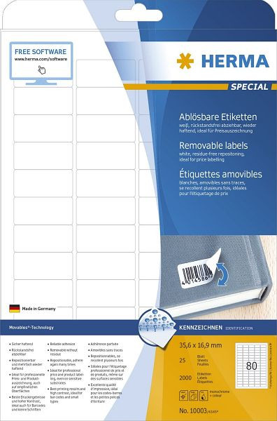 HERMA 10003 Etiketten A4 weiß 35,6x16,9 mm Movables/ablösbar Papier matt 2000 St., 10003