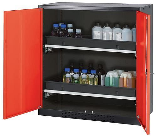 asecos Chemikalienschrank Systema-T CS-102, Korpus anthrazit, Flügeltüren rot, 2 Tablarauszüge, 208656