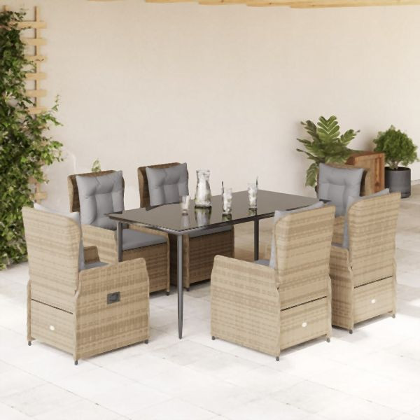vidaXL 7-teilig Garten-Essgruppe mit Kissen Beige Poly Rattan, 3262872
