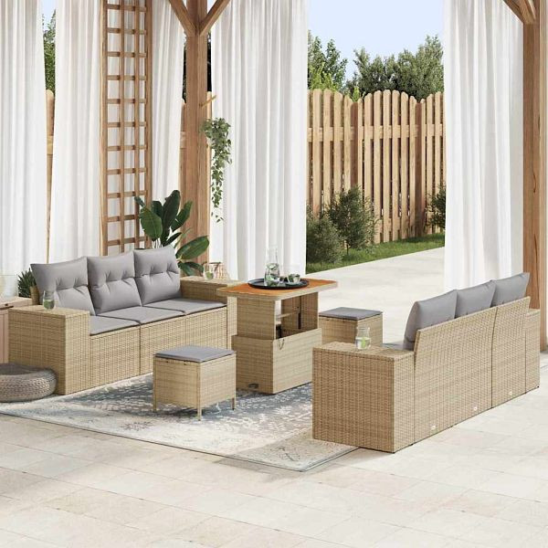vidaXL Garten-Sofa-Set mit Speicher 9-teilig Beige Poly-Rattan, 3361962