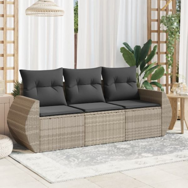 vidaXL 3-tlg. Garten-Sofagarnitur mit Kissen Hellgrau Poly Rattan, 3253399