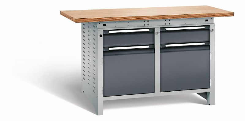 Otto Kind Werkbank Serie function Typ 214, Multiplexplatte 40 mm, überstehend, 2x Unterbau + Zentralverschluss, Gehäuse RAL 9006, Front RAL 7016, 07234424S
