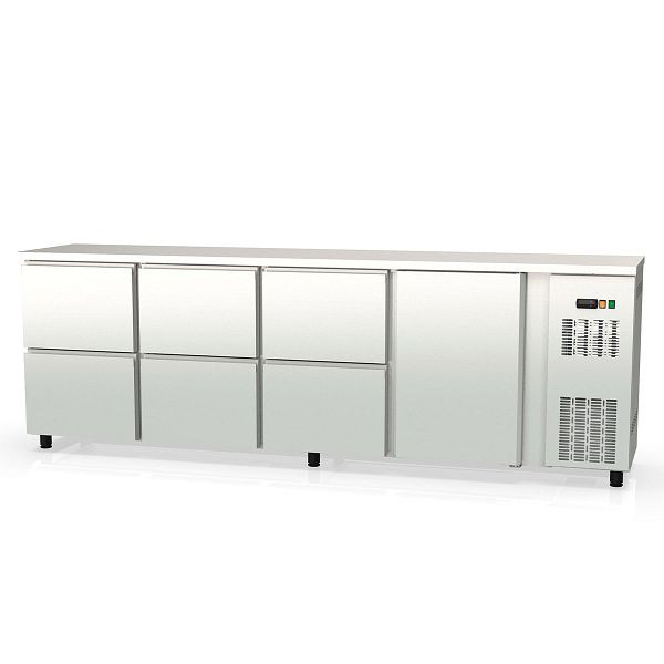 Vaiotec TOPLINE Barkühltisch 530 Edelstahl / 1 Tür & 6 Schubladen, 256,5x53x85 cm, 11436
