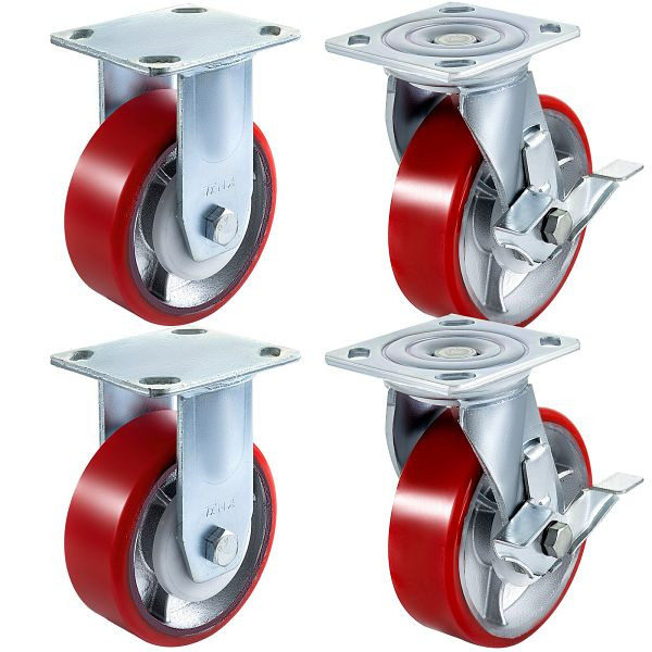 VEVOR 4er-Pack Lenkrollen, Polyurethan, 15,2 x 5,1 cm, auf Stahlradbremse (2), starr (2), JL6IN2WXPSJ2DXTXHV0