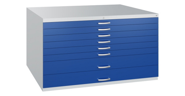 C+P Flachablageschrank Serie 7100_7200, H760xB1350xT960mm, 7035/5010, 2 Schubladenblenden doppelwandig, 7201-200 S10386