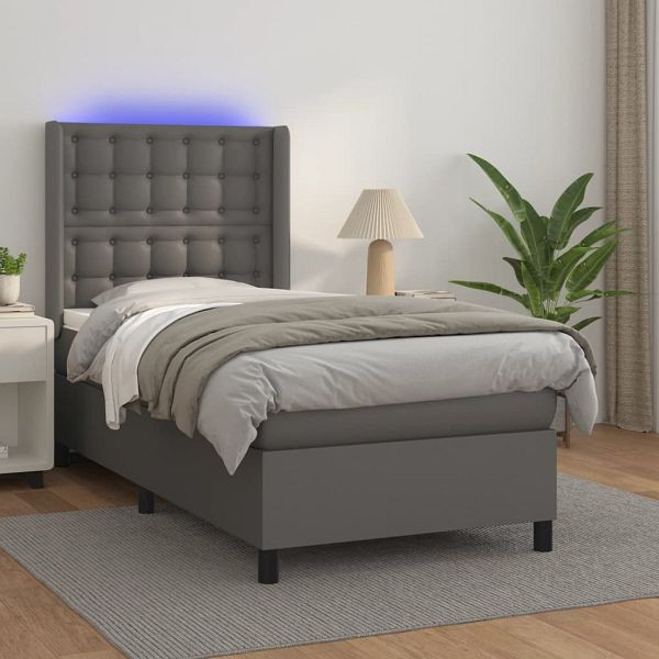 vidaXL Boxspringbett mit Matratze & LED Grau 90x200 cm Kunstleder, 3139365