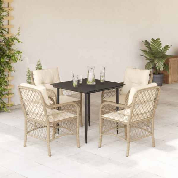 vidaXL 5-tlg. Garten-Essgruppe mit Kissen Beige Poly Rattan, UV-beständig, 3212139