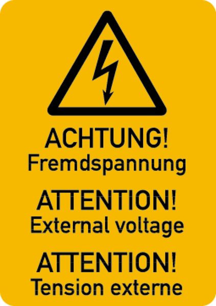 Schilder Klar Maschinenkennzeichnung Fremdspannung (3-sprachig), 37x52 mm, Rolle á 500 Stück, Folie selbstklebend, 7542/91