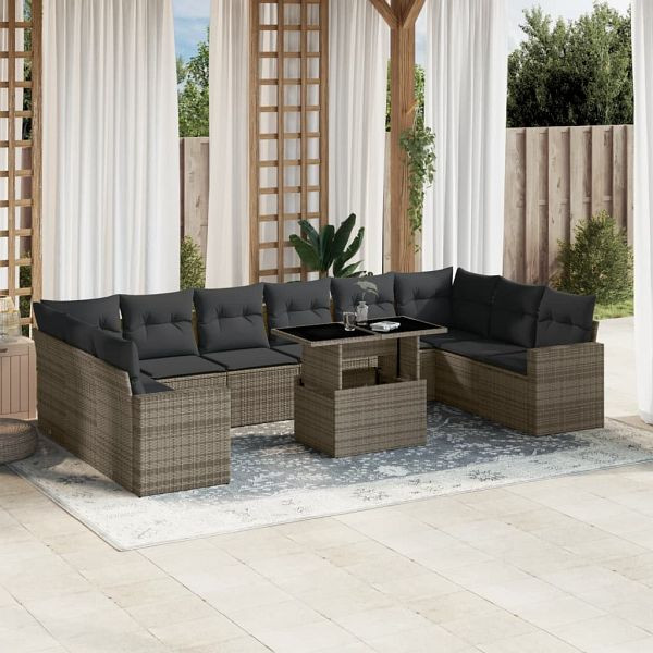 vidaXL 11-teilig Garten-Sofagarnitur mit Kissen Grau Poly Rattan, 3267520