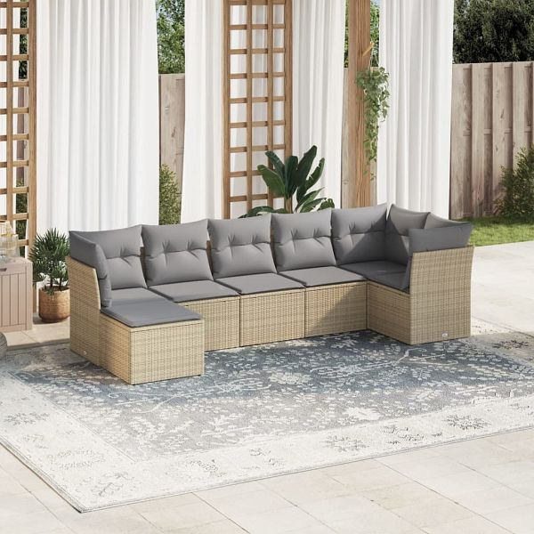 vidaXL 7-teilig Garten-Sofagarnitur mit Kissen Beige Poly Rattan, 3217969
