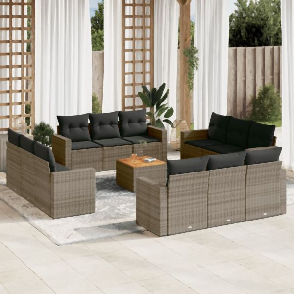 vidaXL 13-tlg. Garten-Sofagarnitur mit Kissen Grau Poly Rattan, 3256389
