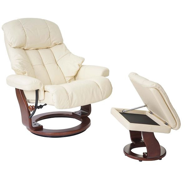MCA Relaxsessel Calgary XXL, TV-Sessel Hocker, Echtleder 180kg belastbar, creme, Walnuss-Optik, 56053