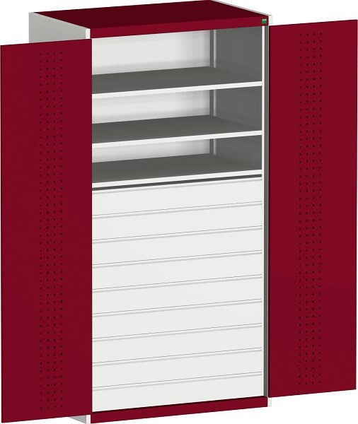 bott cubio Flügeltürschrank bestückt mit 9 Schubladen, 3 Fachböden BxTxH: 1300 x 650 x 2000 mm, RAL 7035/3004, 40022089.24V